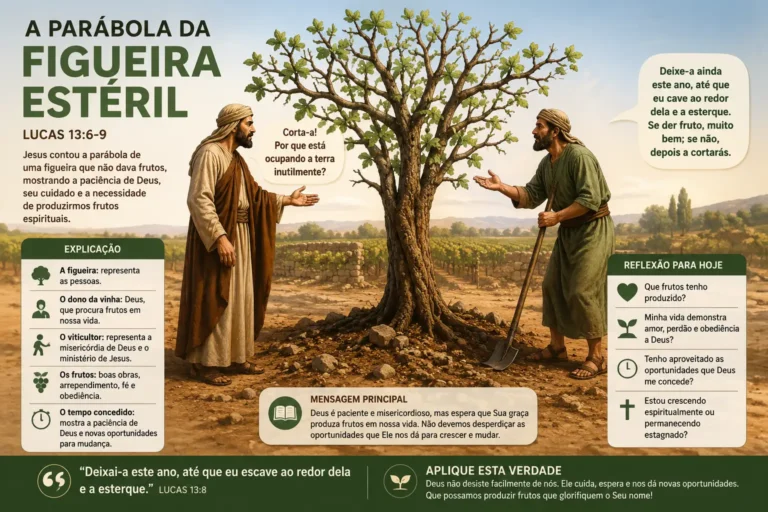 A Parábola da Figueira Estéril nos ensina que Deus é paciente e misericordioso, mas também espera frutos de nossa fé. Cada novo dia é uma oportunidade para crescer espiritualmente, abandonar aquilo que não agrada a Deus e viver uma vida que glorifique Seu nome.