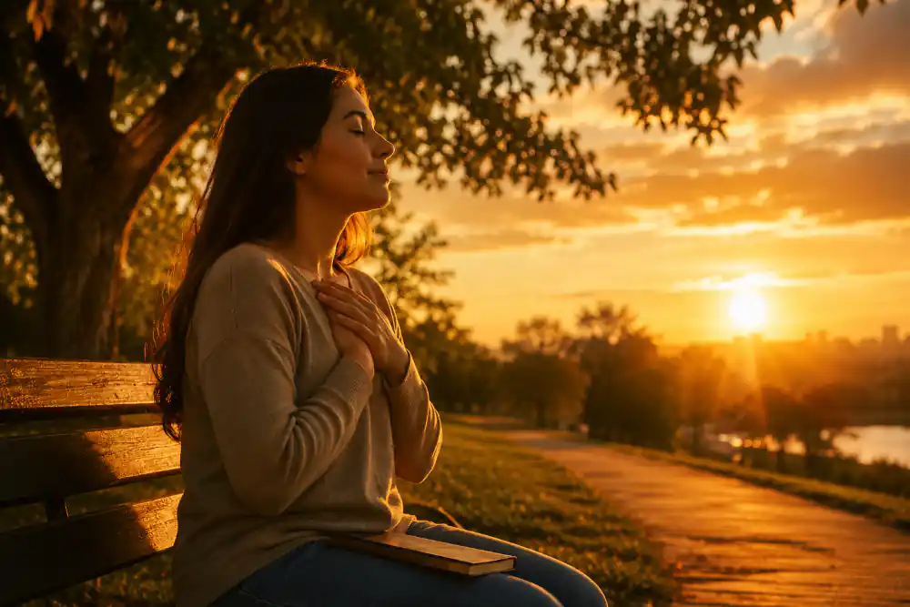 Pessoa sentada em um banco de parque ao pôr do sol, com as mãos sobre o peito em gesto de oração, representando a busca por paz interior através da fé cristã.